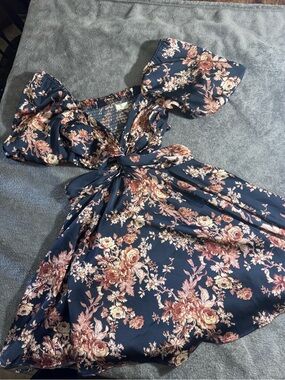 Altar'd State Navy Floral Tie-Front Midi Dress